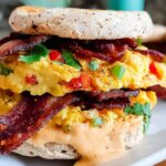 A close-up of a delicious Spicy Chipotle Egg Breakfast Sandwich stacked high with scrambled eggs, bacon, and a creamy sauce.