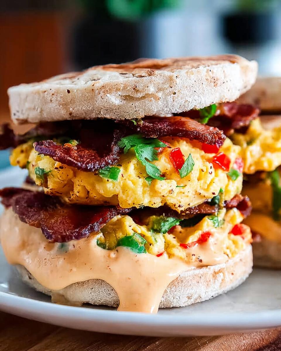 A delicious Spicy Chipotle Egg Breakfast Sandwich stacked high with scrambled eggs, bacon, and a creamy sauce on an English muffin.