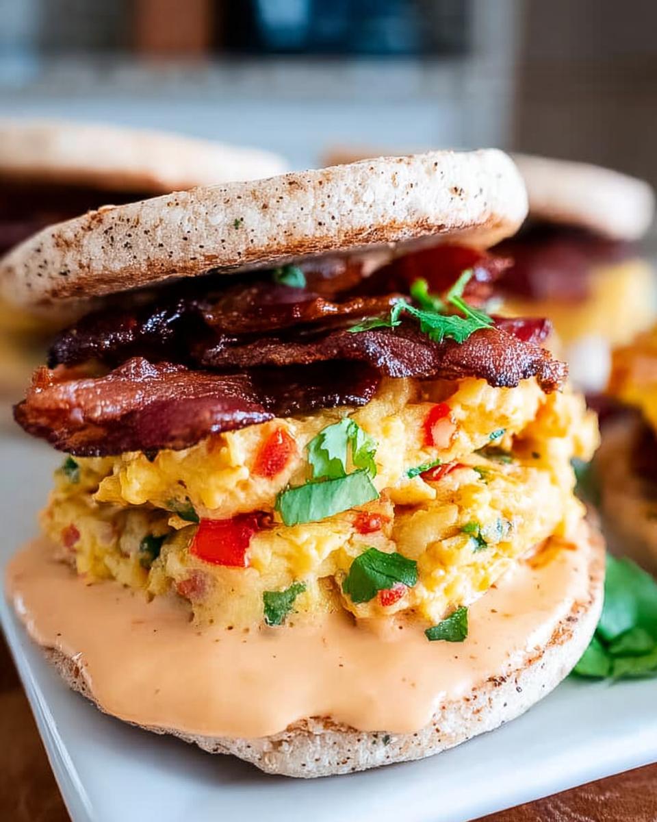 A close-up of a Spicy Chipotle Egg Breakfast Sandwich with scrambled eggs, bacon, and a creamy sauce on an English muffin.
