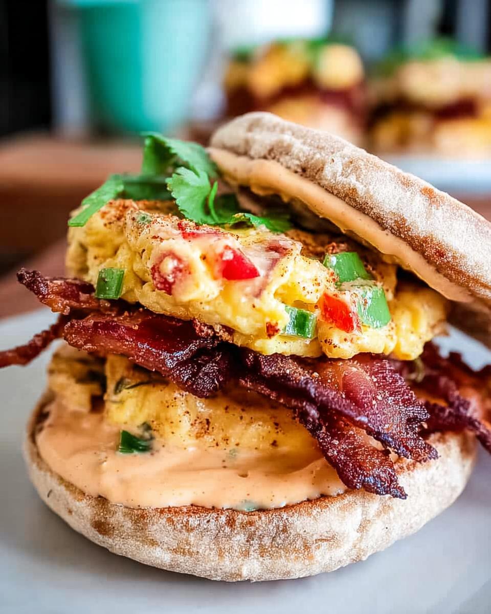A close-up of a Spicy Chipotle Egg Breakfast Sandwich with crispy bacon, scrambled eggs with peppers, and a creamy sauce on an English muffin.