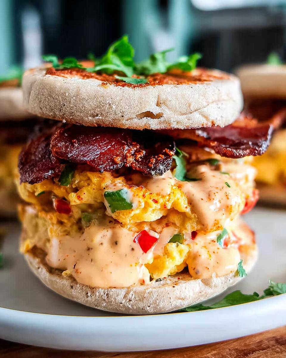 Close-up of a Spicy Chipotle Egg Breakfast Sandwich with fluffy scrambled eggs, bacon, and chipotle sauce on an English muffin.