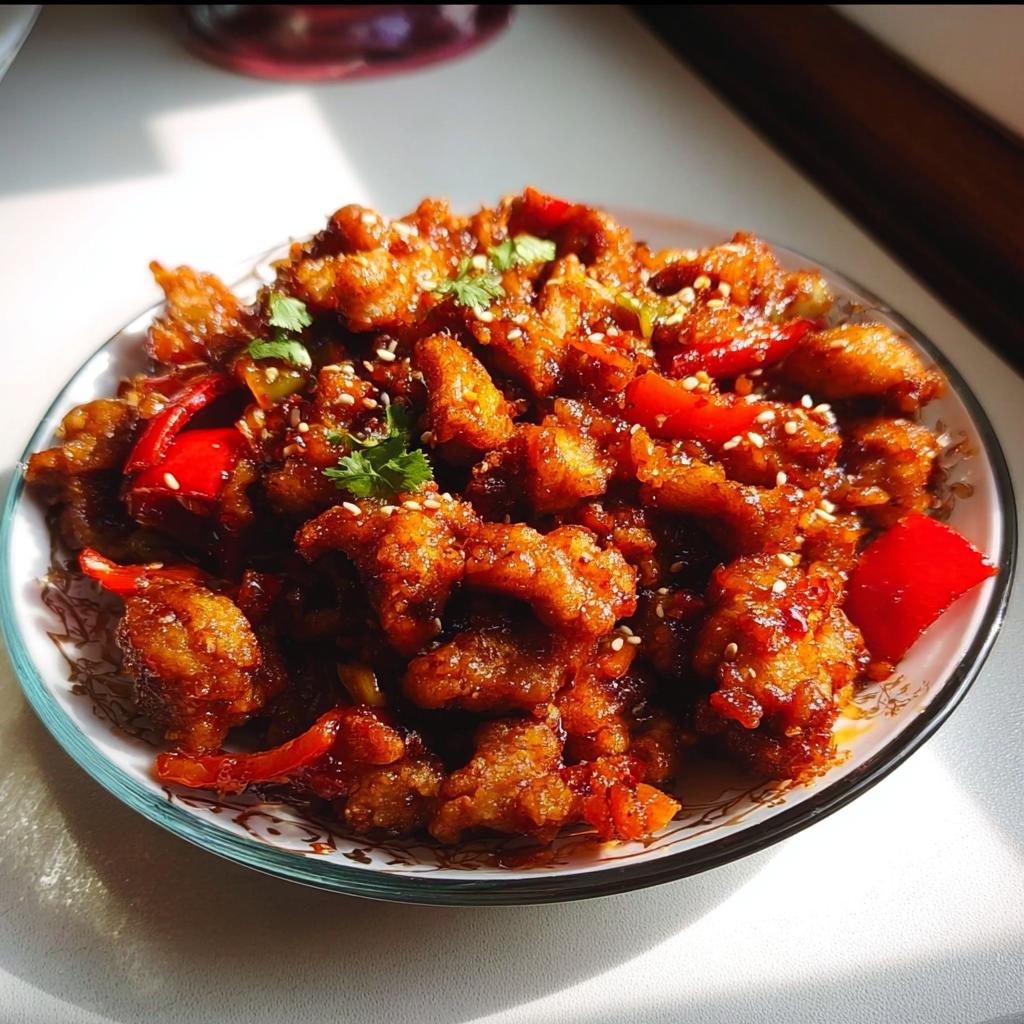 A close-up of Spicy Dragon Chicken, featuring crispy fried chicken pieces coated in a glossy, spicy sauce with red bell peppers and sesame seeds.