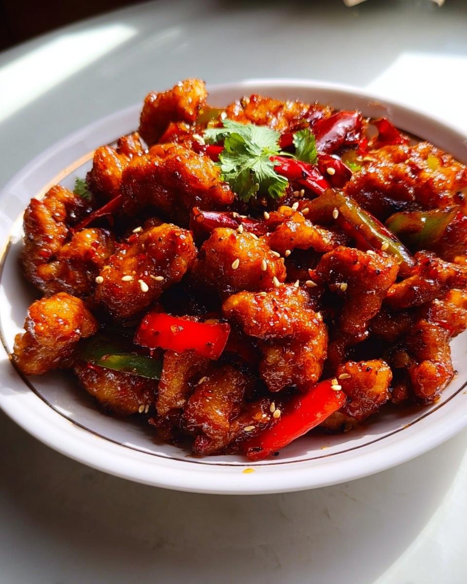 A close-up of Spicy Dragon Chicken, a vibrant Indo-Chinese dish with crispy chicken pieces, red and green peppers, and chili flakes.