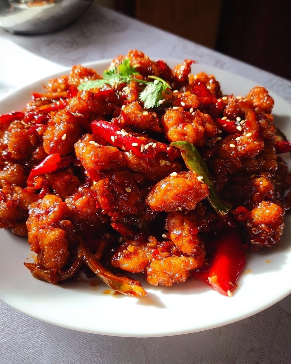 A plate of Spicy Dragon Chicken, glistening with a spicy sauce, garnished with sesame seeds and cilantro.