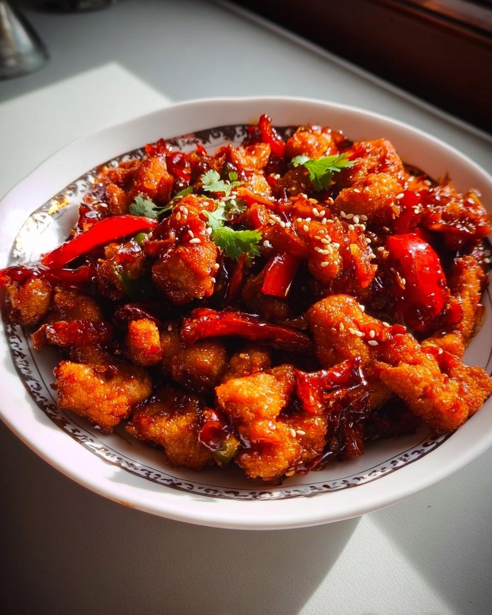 A close-up of Spicy Dragon Chicken, a quick Indo-Chinese meal, in a white bowl with a decorative rim, garnished with sesame seeds and cilantro.