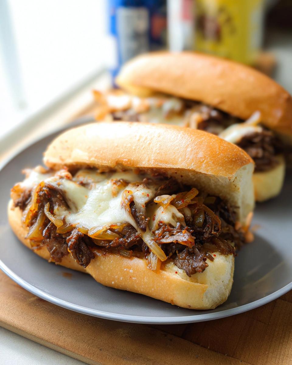 Close-up of a delicious Spicy Kimchi Bulgogi Cheesesteak sandwich on a grey plate, filled with savory meat and melted cheese.