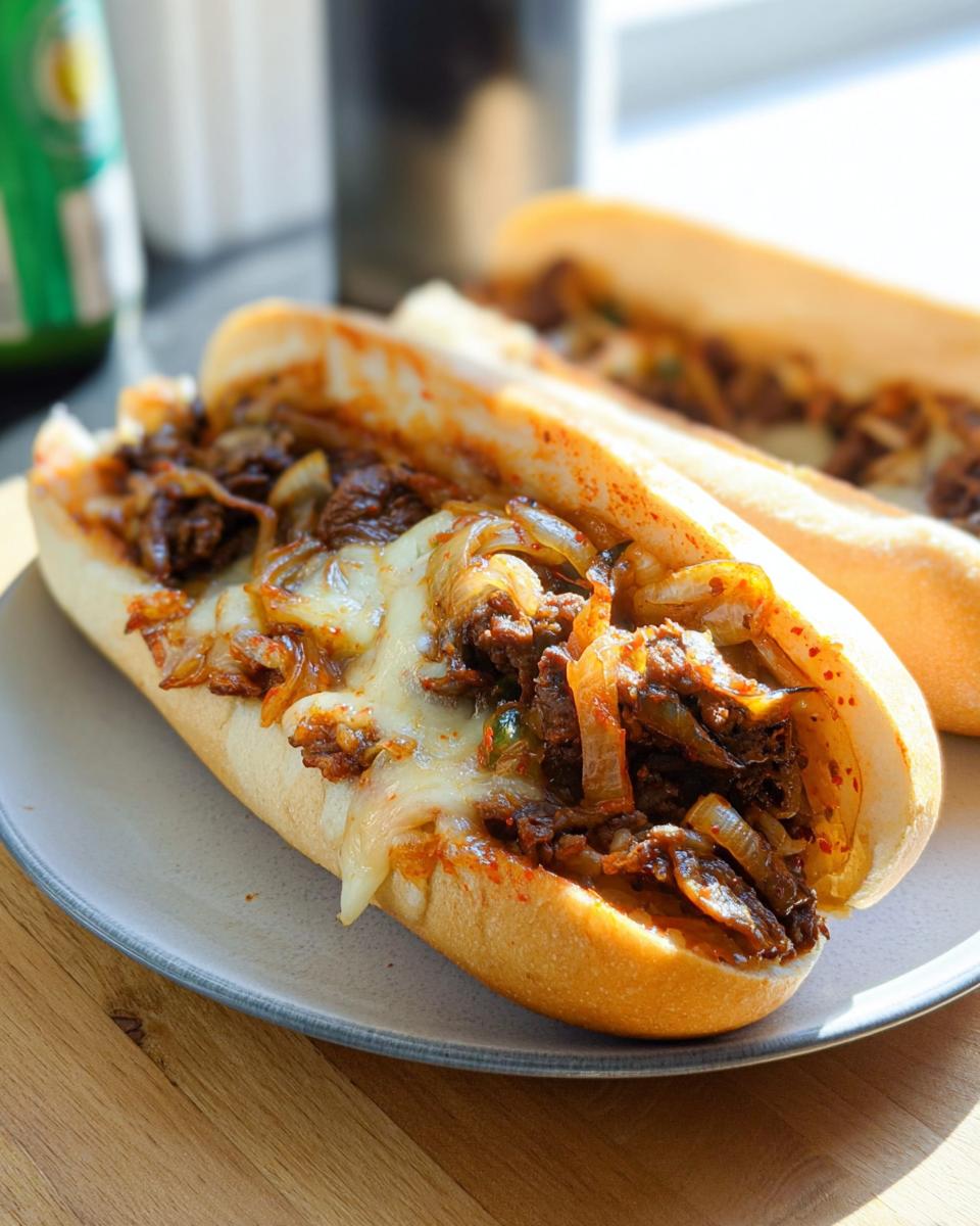 A close-up of a delicious Spicy Kimchi Bulgogi Cheesesteak sandwich filled with meat, onions, and melted cheese.
