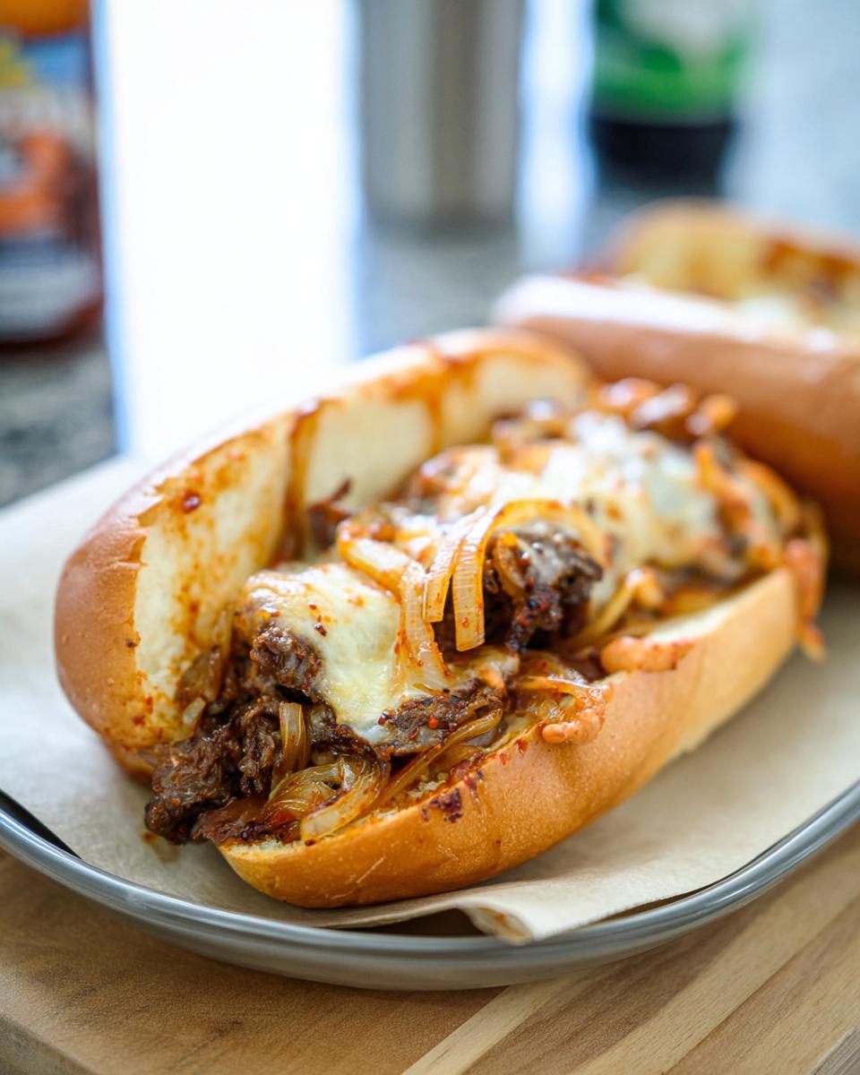 A close-up of a Spicy Kimchi Bulgogi Cheesesteak sandwich filled with tender beef, melted cheese, and onions.
