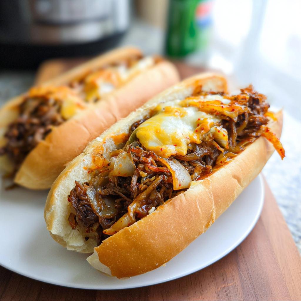 Two delicious Spicy Kimchi Bulgogi Cheesesteak sandwiches on a white plate, filled with savory meat, onions, and melted cheese.