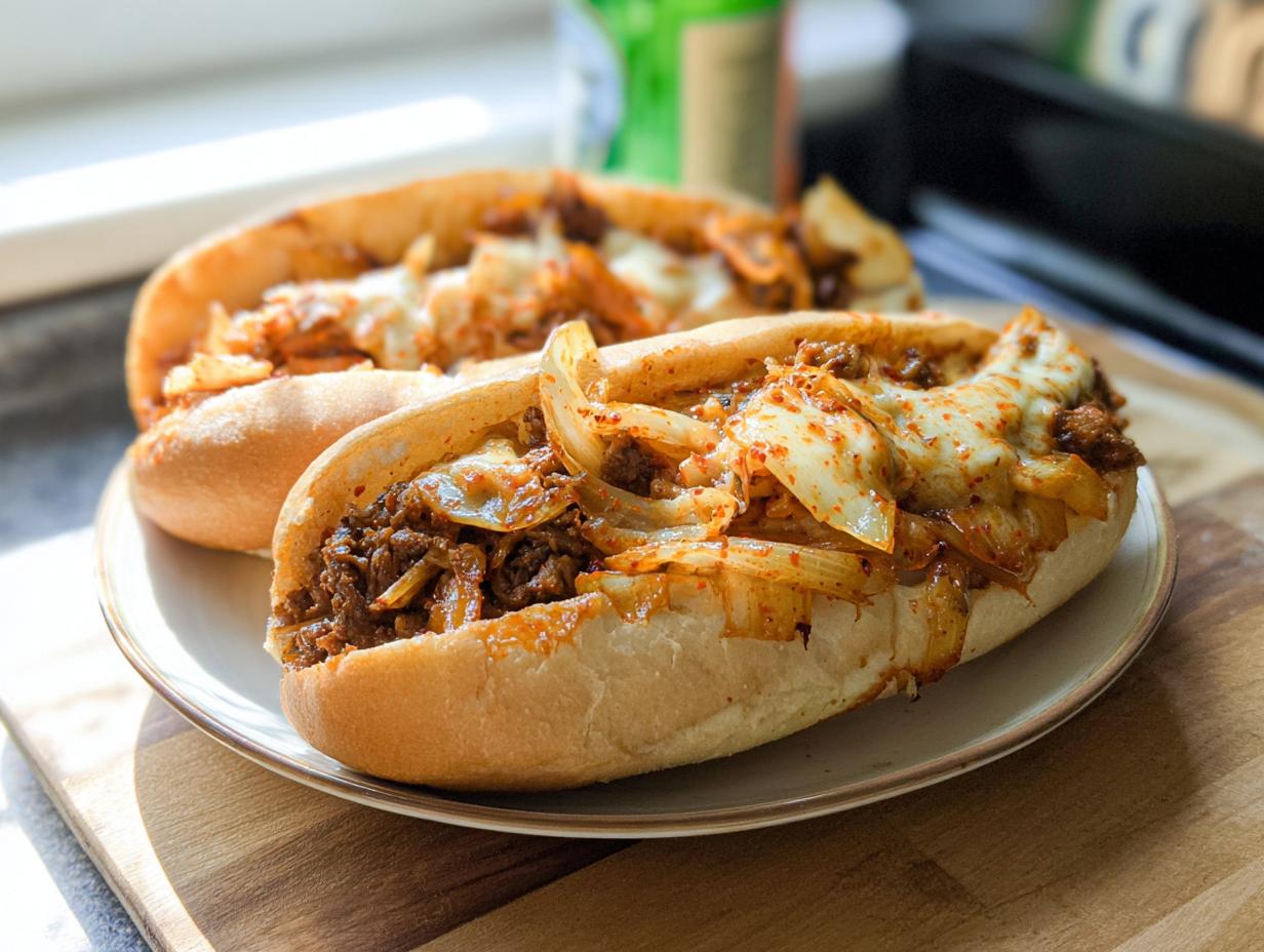 Two delicious Spicy Kimchi Bulgogi Cheesesteak sandwiches filled with seasoned beef, kimchi, onions, and melted cheese.