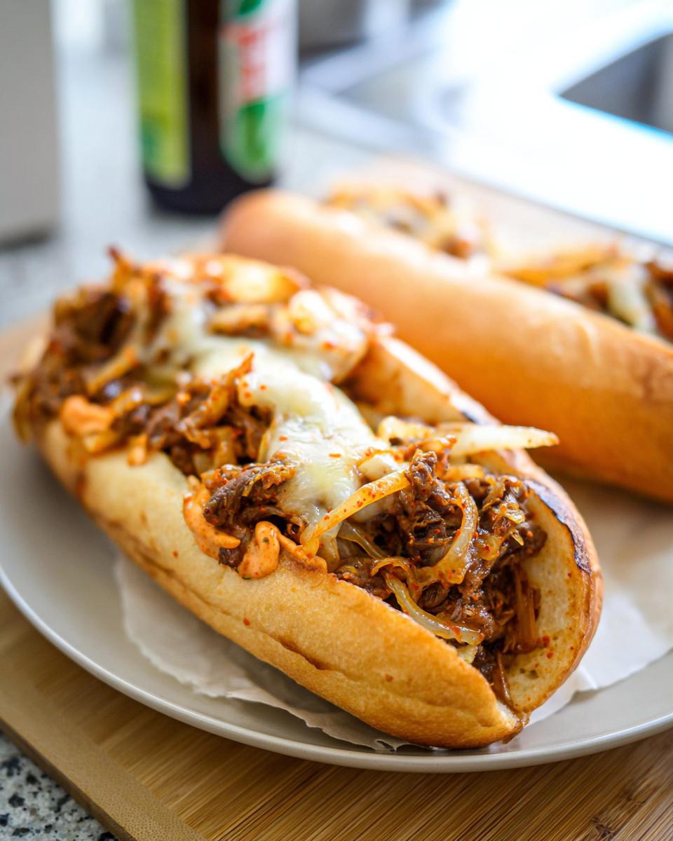 A close-up of a Spicy Kimchi Bulgogi Cheesesteak sandwich filled with tender beef, melted cheese, and onions.