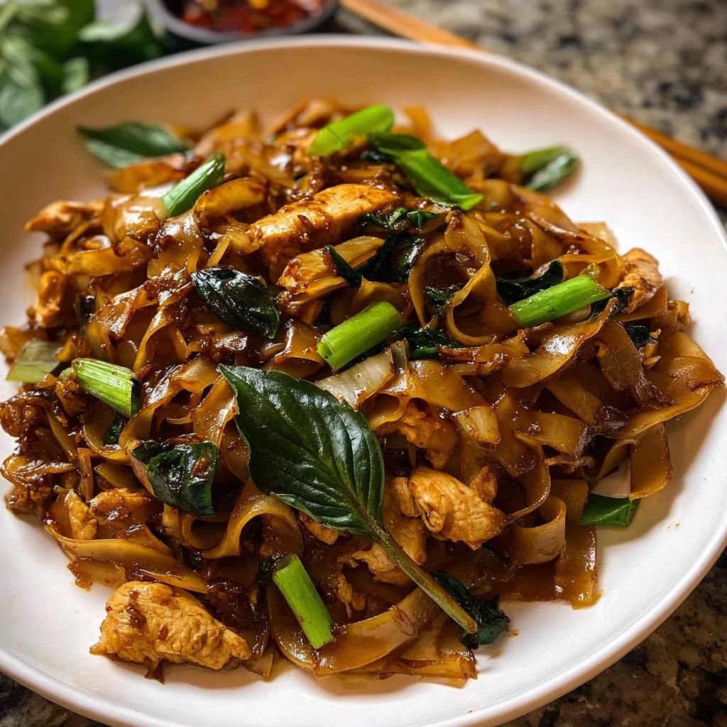 A close-up of a white bowl filled with glistening Street Style Thai Drunken Noodles, featuring wide rice noodles, chicken, green onions, and basil.