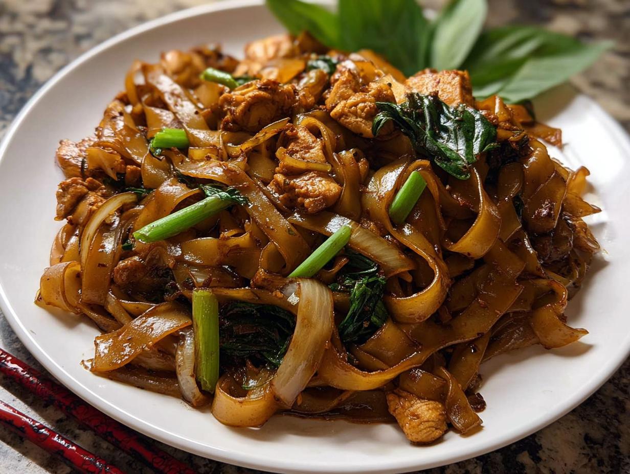 A close-up of a plate piled high with glistening Street Style Thai Drunken Noodles, featuring wide rice noodles, chicken, onions, and green vegetables.