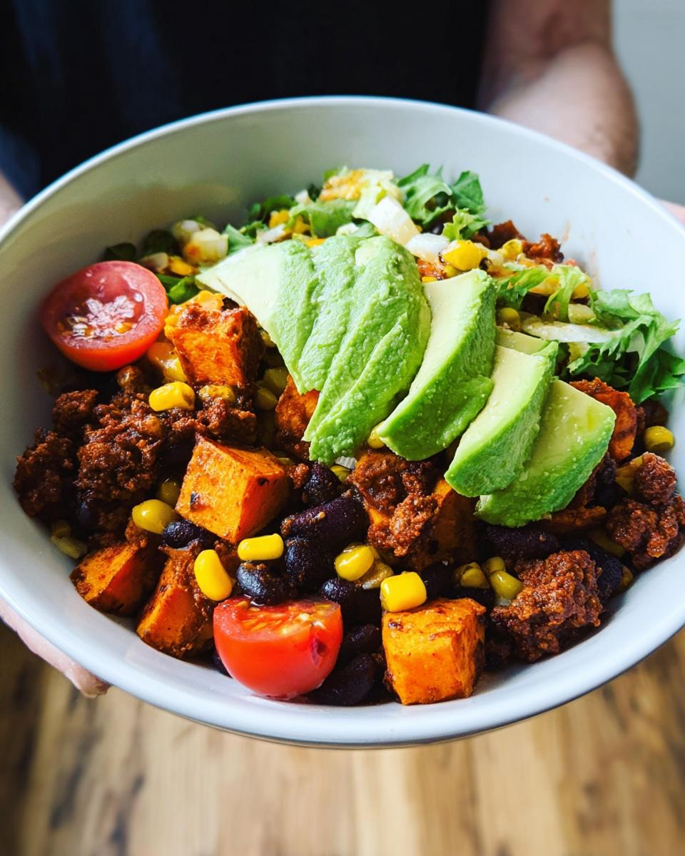 A vibrant Sweet Potato Taco Bowl filled with roasted sweet potatoes, black beans, corn, seasoned ground meat, avocado slices, and cherry tomatoes.