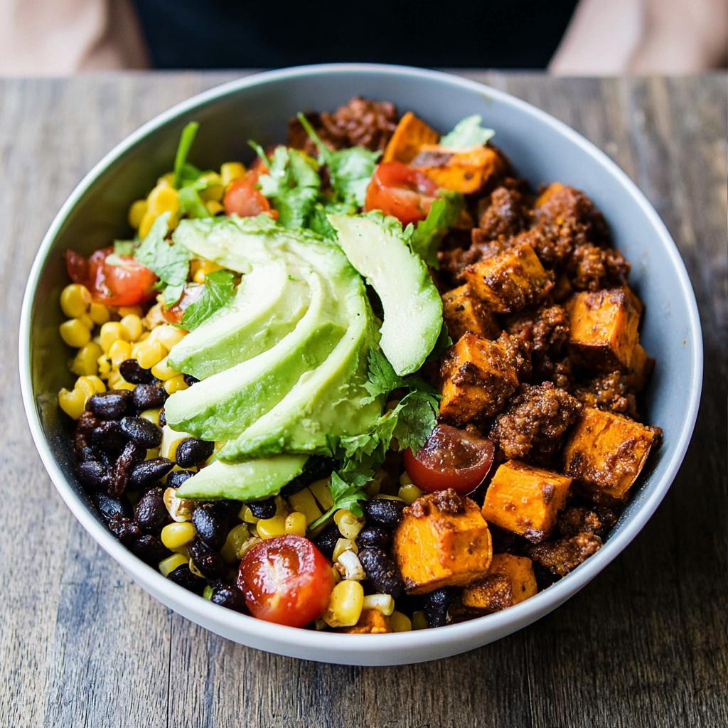 A vibrant Sweet Potato Taco Bowl filled with seasoned sweet potatoes, black beans, corn, tomatoes, avocado, and cilantro.