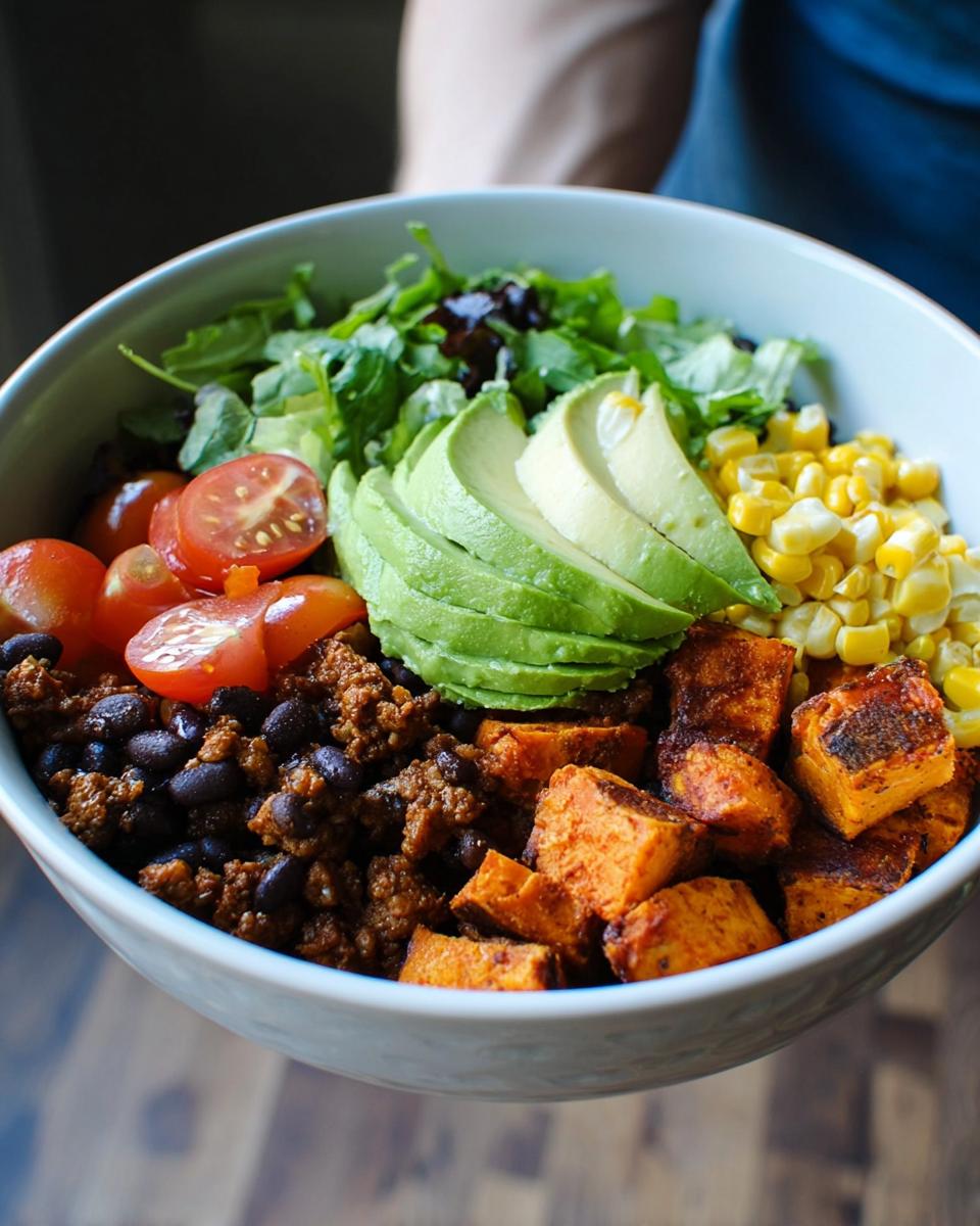 A vibrant Sweet Potato Taco Bowl filled with seasoned ground meat, black beans, roasted sweet potato cubes, corn, cherry tomatoes, avocado slices, and greens.