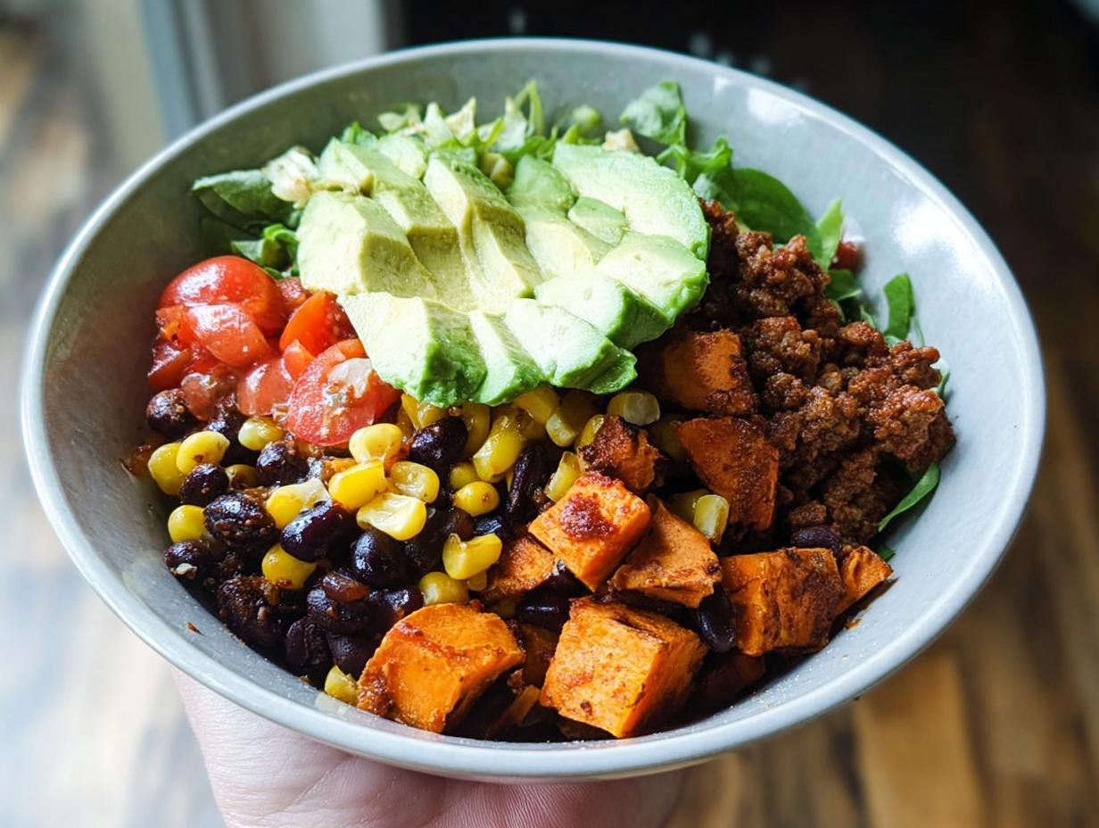 A vibrant Sweet Potato Taco Bowl filled with seasoned ground meat, roasted sweet potatoes, black beans, corn, tomatoes, avocado, and lettuce.