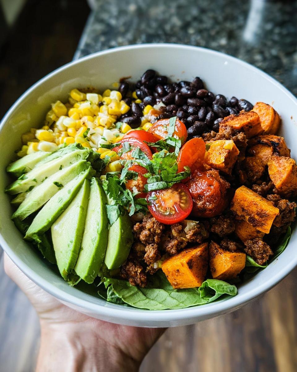 A vibrant Sweet Potato Taco Bowl filled with seasoned ground meat, roasted sweet potatoes, black beans, corn, avocado, and tomatoes.