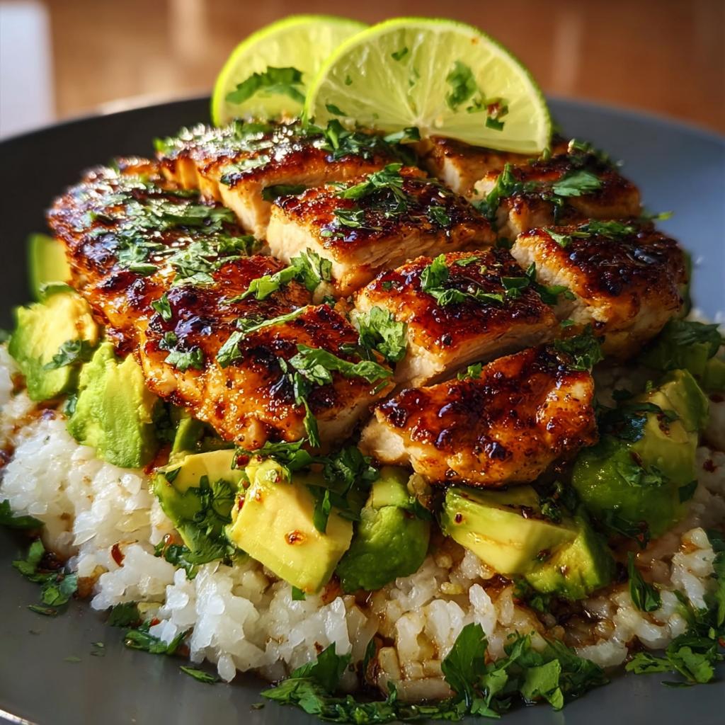 Close-up of Tangy Honey Lime Chicken Delight served over rice with diced avocado and lime slices.