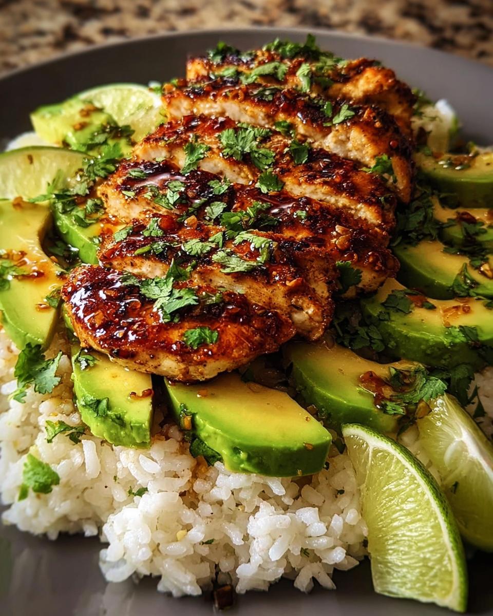 A close-up of Tangy Honey Lime Chicken Delight served over rice with sliced avocado and lime wedges, garnished with cilantro.