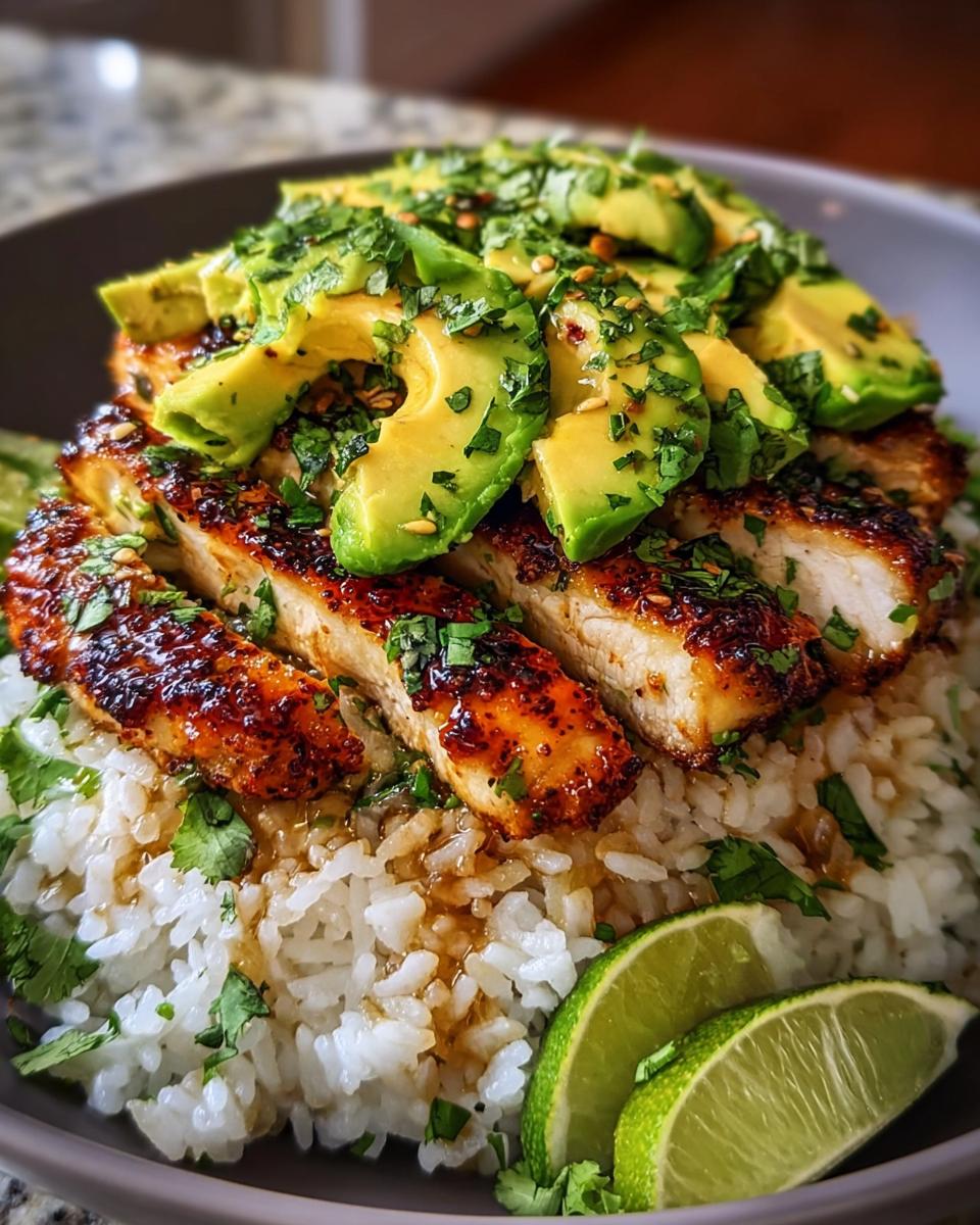 Close-up of Tangy Honey Lime Chicken Delight served over rice, topped with sliced avocado and cilantro, garnished with lime wedges.