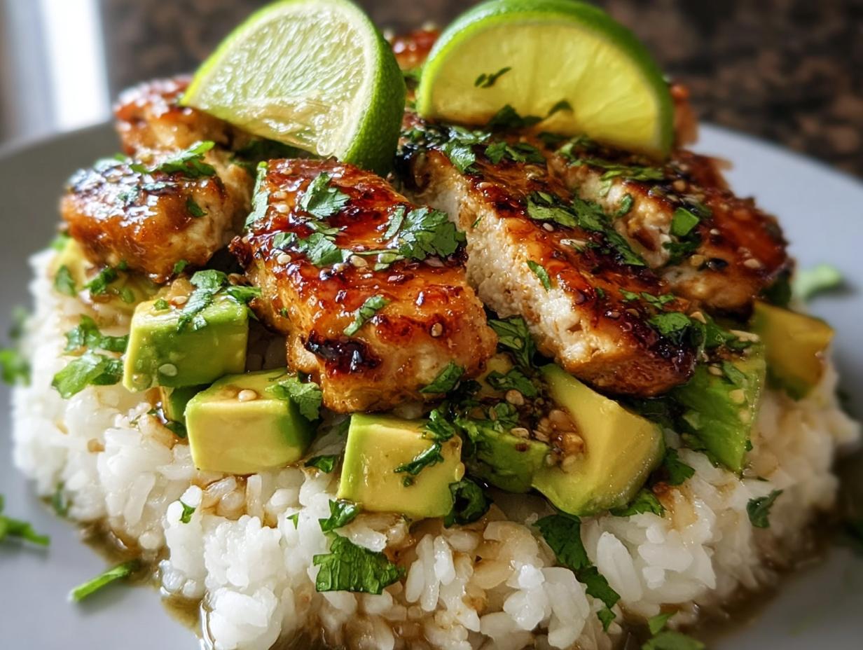 A close-up of Tangy Honey Lime Chicken Delight served over white rice with diced avocado and lime wedges.