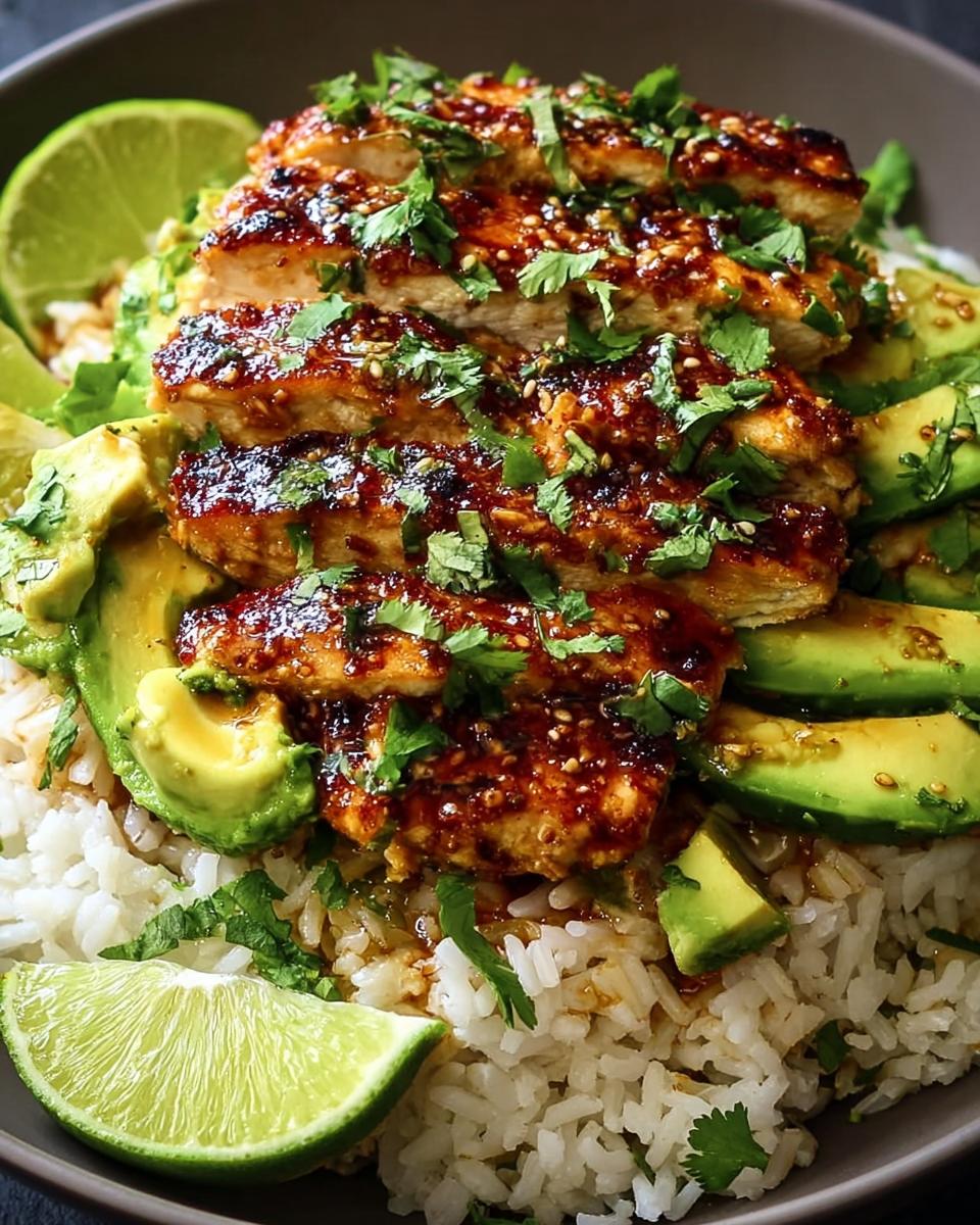 A bowl of Tangy Honey Lime Chicken Delight featuring sliced chicken, avocado, rice, and lime wedges, garnished with cilantro.
