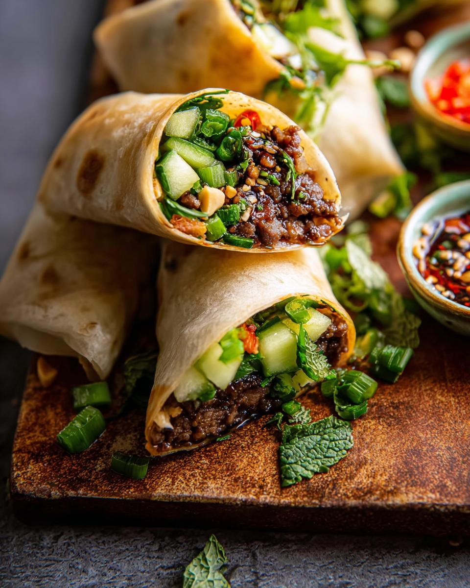 Close-up of Thai Basil Beef Rolls filled with savory beef, fresh cucumber, and herbs.