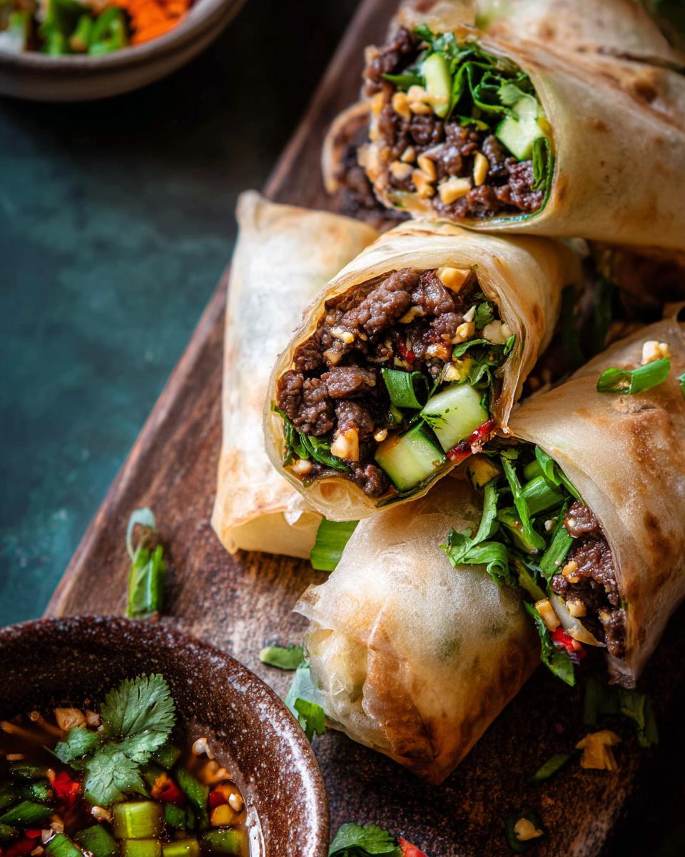 Close-up of delicious Thai Basil Beef Rolls filled with seasoned beef, cucumber, and herbs, served with dipping sauce.
