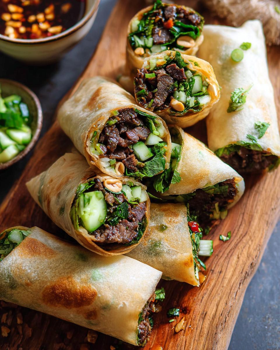 A pile of delicious Thai Basil Beef Rolls filled with tender beef, fresh cucumber, and herbs, served on a wooden board.