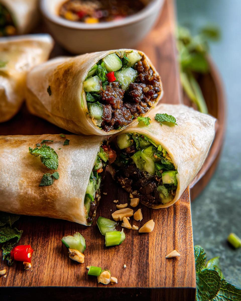 Close-up of delicious Thai Basil Beef Rolls, cut in half to show the savory beef and fresh cucumber filling.
