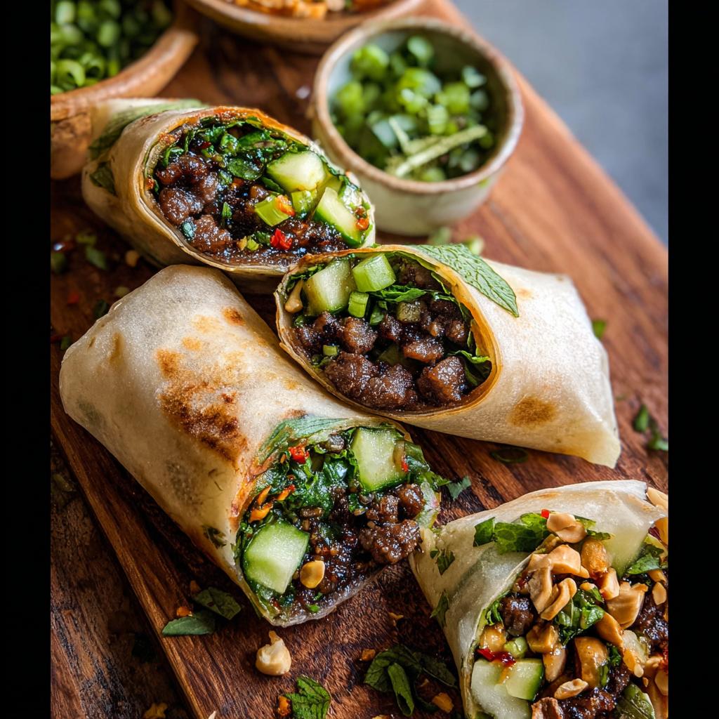 Close-up of Thai Basil Beef Rolls filled with seasoned beef, fresh cucumber, and herbs.