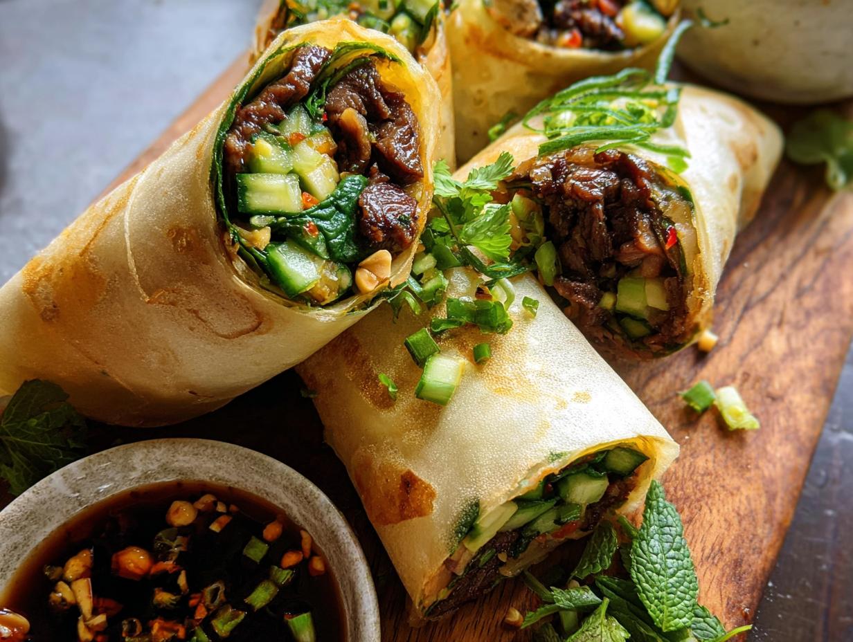 Close-up of golden-brown Thai Basil Beef Rolls filled with tender beef, cucumber, and herbs, served with a dipping sauce.