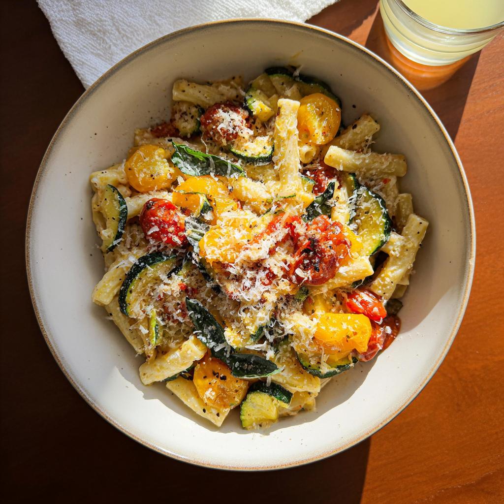 A bowl of Tomato Zucchini Pasta topped with grated cheese and fresh herbs, ready to be enjoyed.