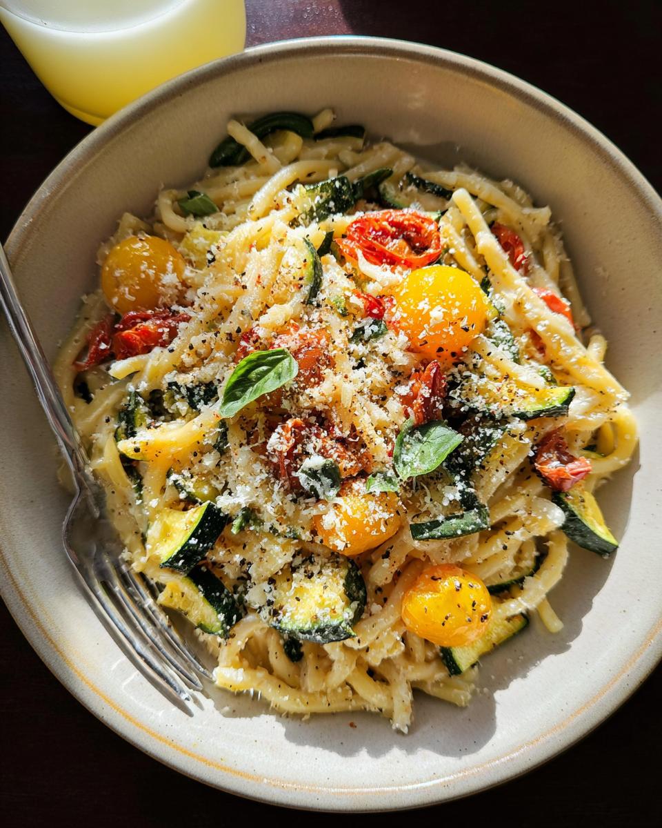 A close-up of a bowl of Tomato Zucchini Pasta, topped with cherry tomatoes, zucchini slices, basil, and grated cheese.