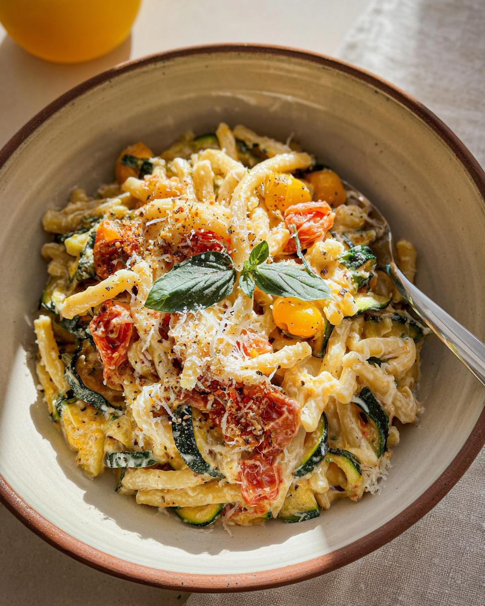 A close-up of a bowl filled with creamy Tomato Zucchini Pasta, topped with basil and parmesan.