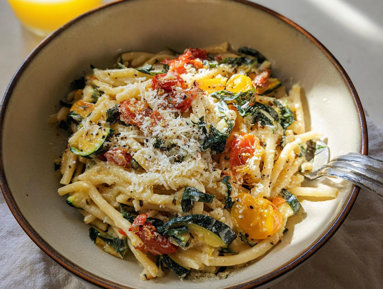 A close-up of a bowl filled with creamy Tomato Zucchini Pasta, topped with grated cheese and black pepper.