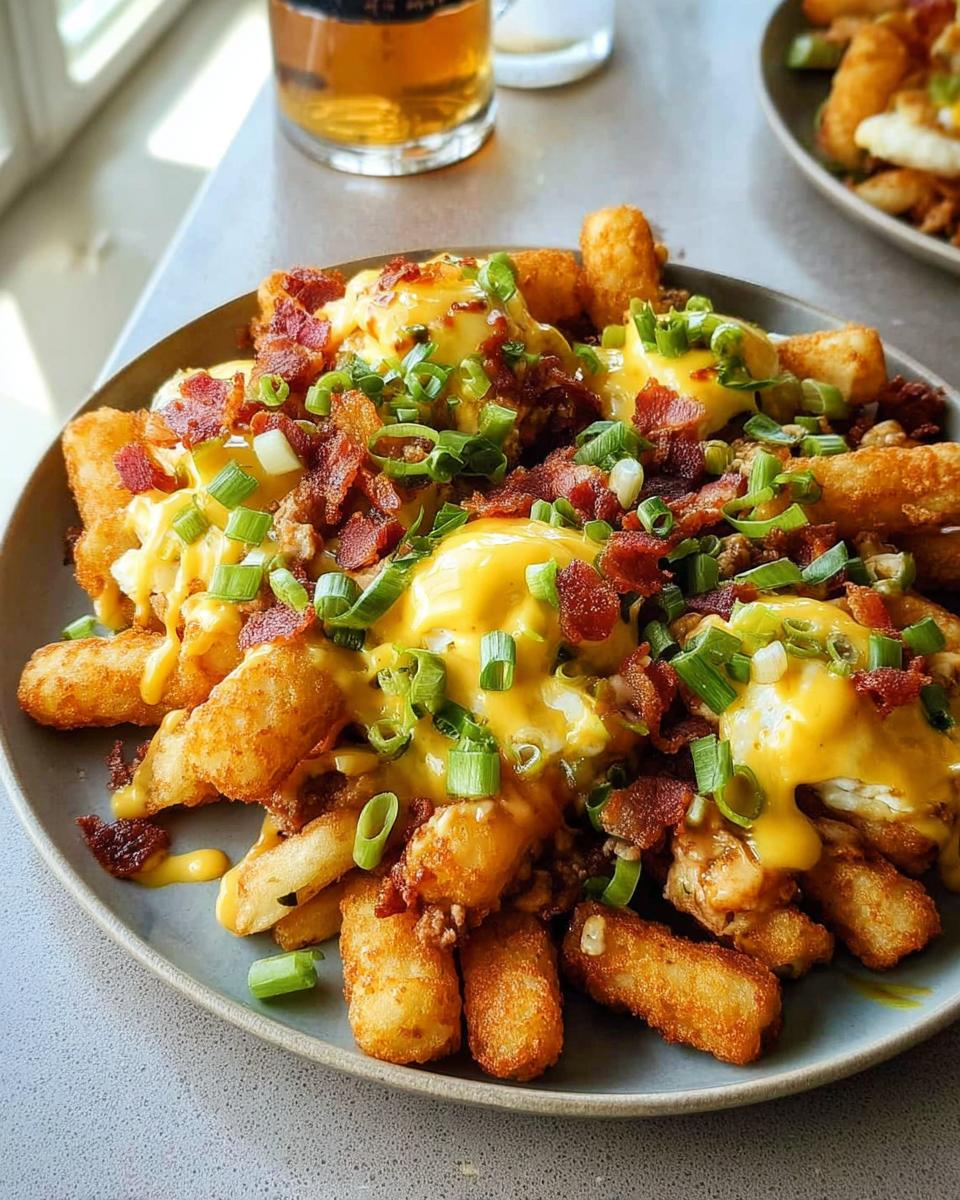 A plate of Ultimate Breakfast Poutine topped with crispy bacon, runny eggs, melted cheese, and green onions.