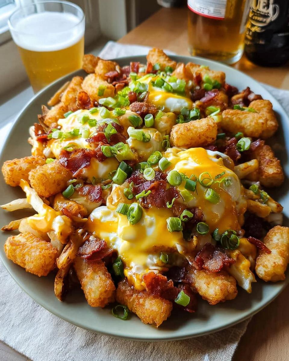 A hearty plate of Ultimate Breakfast Poutine topped with fried eggs, crispy bacon, melted cheese, and green onions.