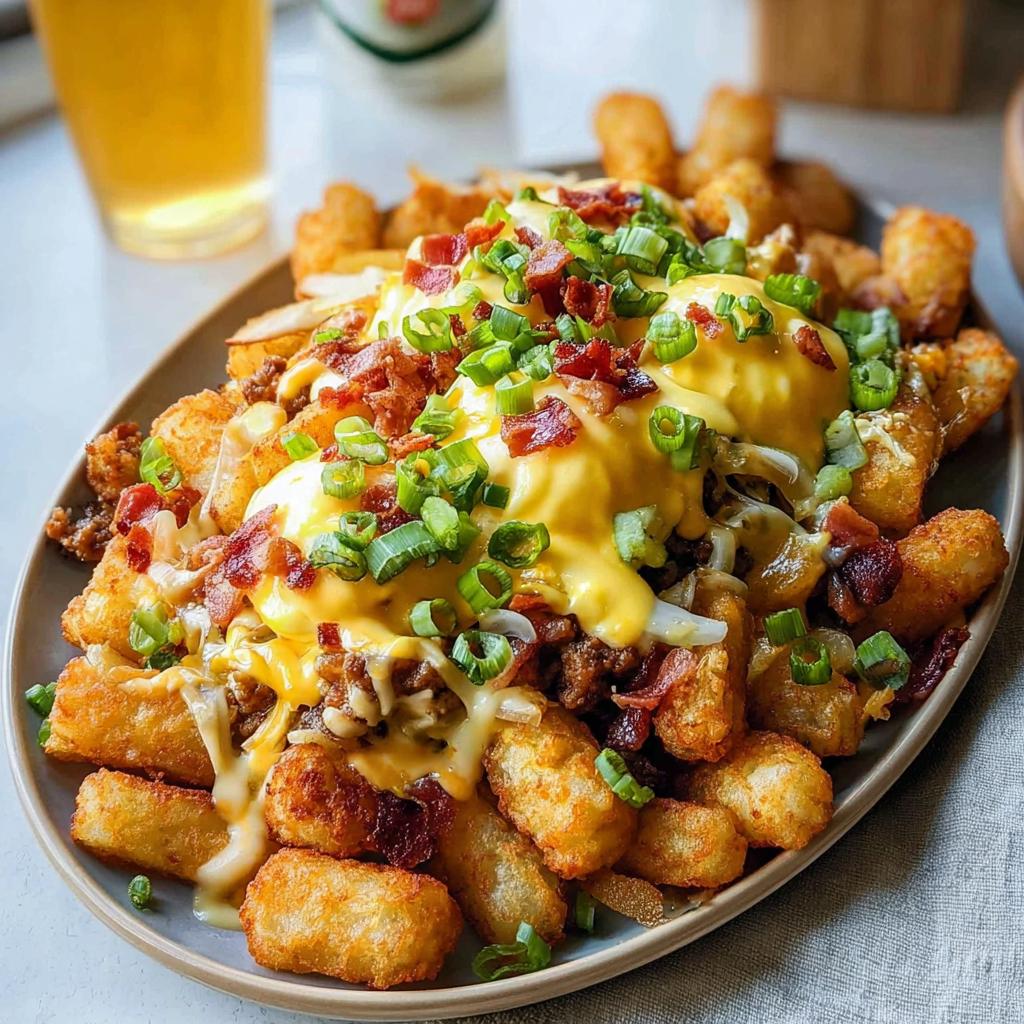 A plate of Ultimate Breakfast Poutine topped with creamy hollandaise sauce, bacon, and green onions.