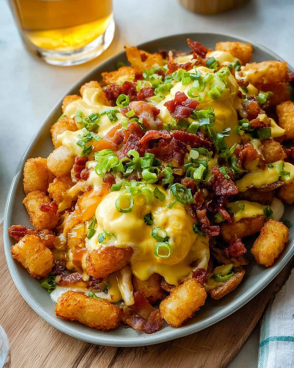A plate of Ultimate Breakfast Poutine topped with creamy hollandaise sauce, crispy bacon, and green onions.