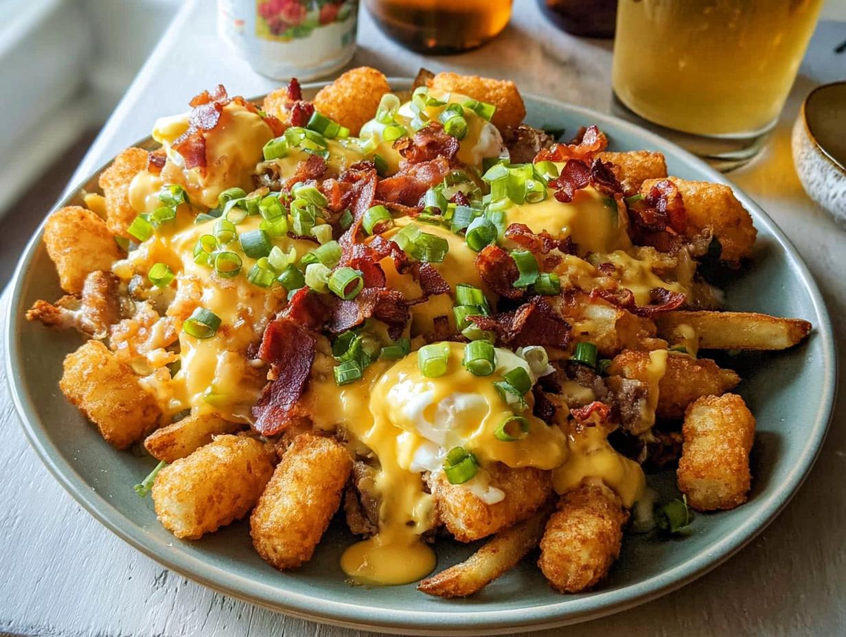A plate of Ultimate Breakfast Poutine featuring tater tots, fries, poached eggs, cheese sauce, bacon, and green onions.