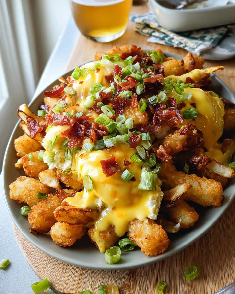 A plate of Ultimate Breakfast Poutine topped with crispy tater tots, creamy hollandaise sauce, bacon, and green onions.
