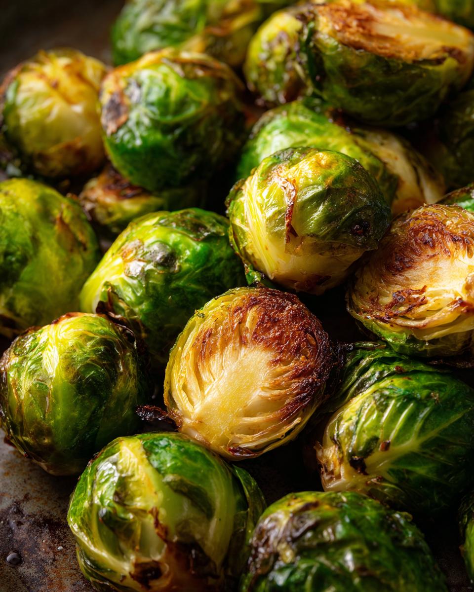 Close-up of perfectly roasted, caramelized Brussels sprouts cooked in an air fryer, showcasing their crisp texture.