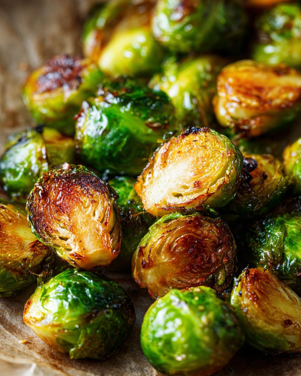 Close-up of perfectly crispy and caramelized air fryer brussels sprouts, some halved to show the texture.