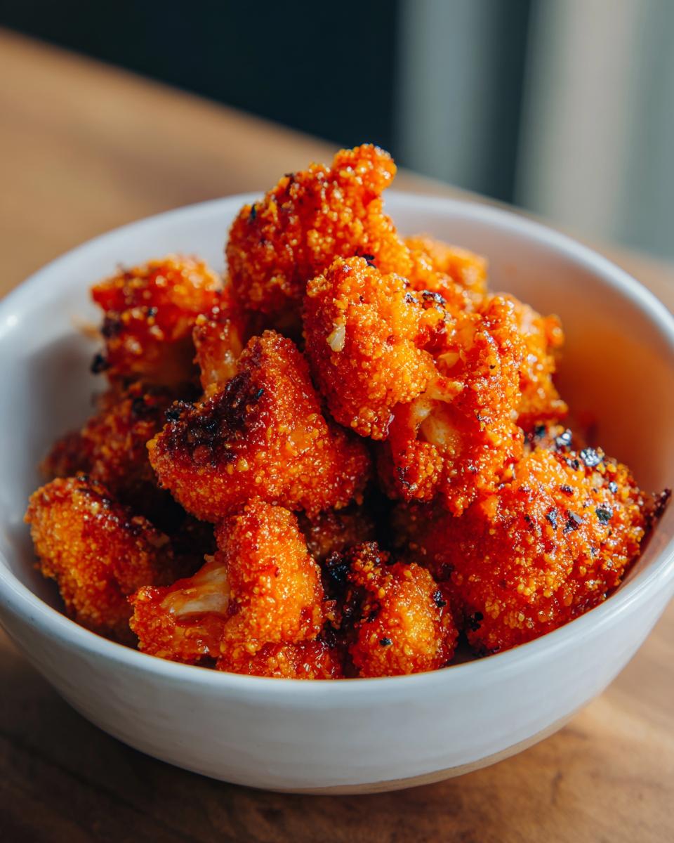 A bowl of crispy air fryer buffalo cauliflower with extra crunch, coated in a vibrant orange sauce.
