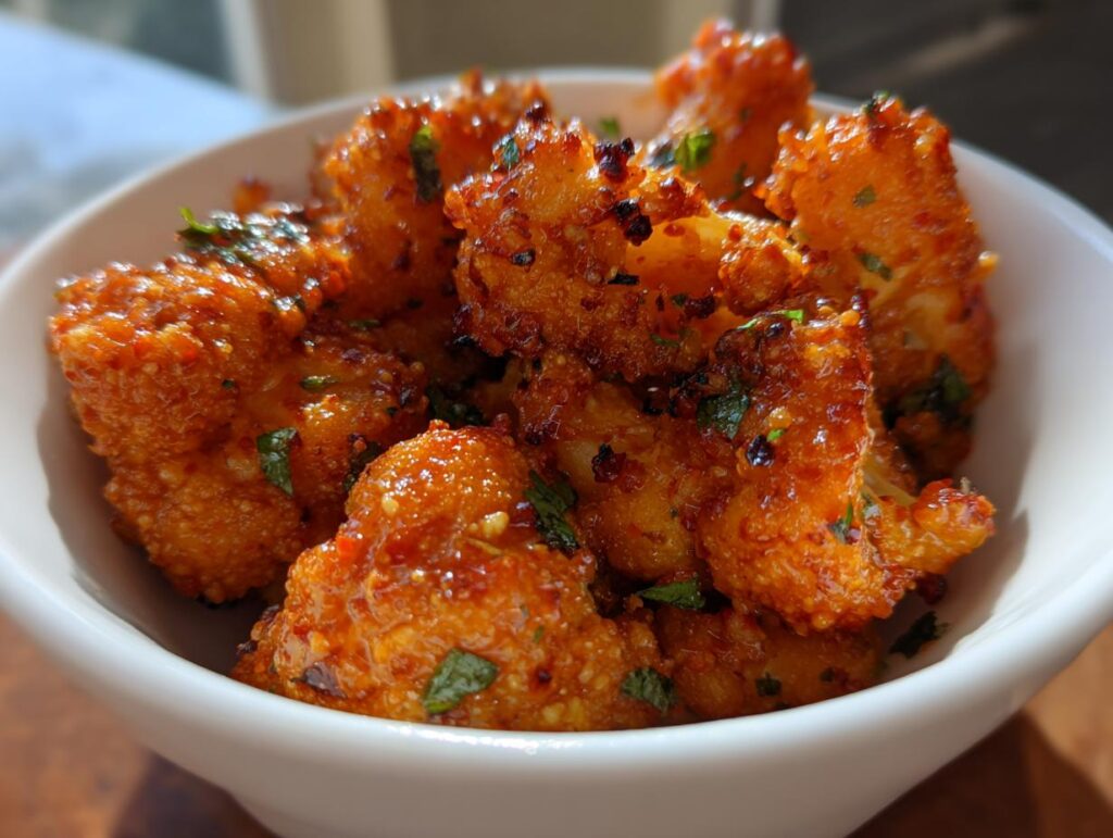 Close-up of crispy air fryer buffalo cauliflower florets in a white bowl, coated in spicy sauce and sprinkled with herbs.