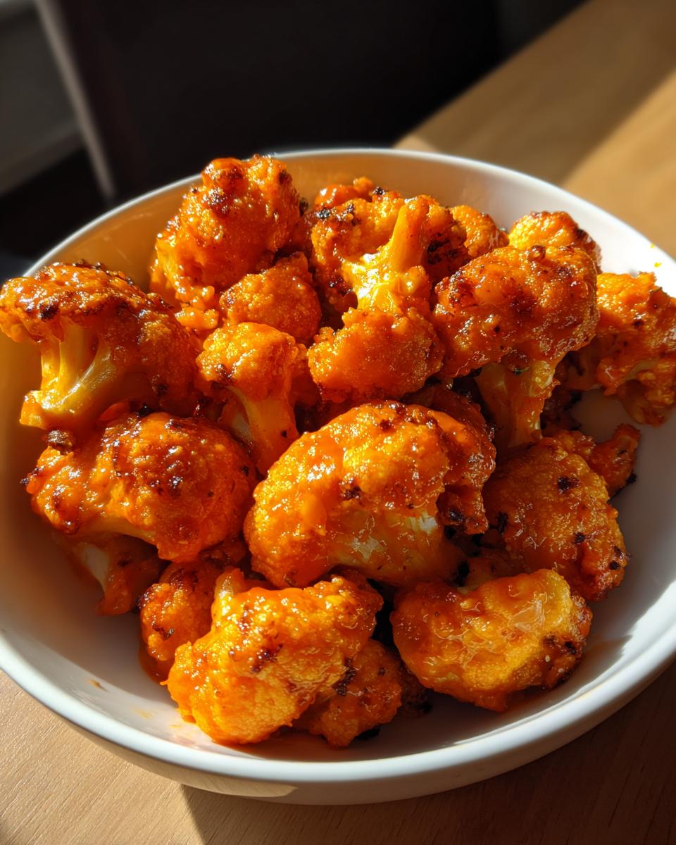 Close-up of a bowl filled with crispy air fryer buffalo cauliflower florets coated in a vibrant orange sauce.