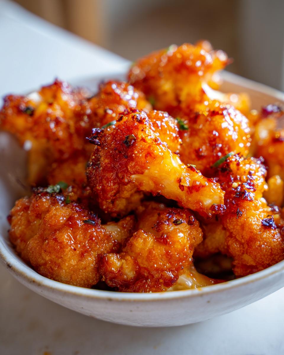 Close-up of crispy air fryer buffalo cauliflower florets coated in a glossy, spicy sauce.