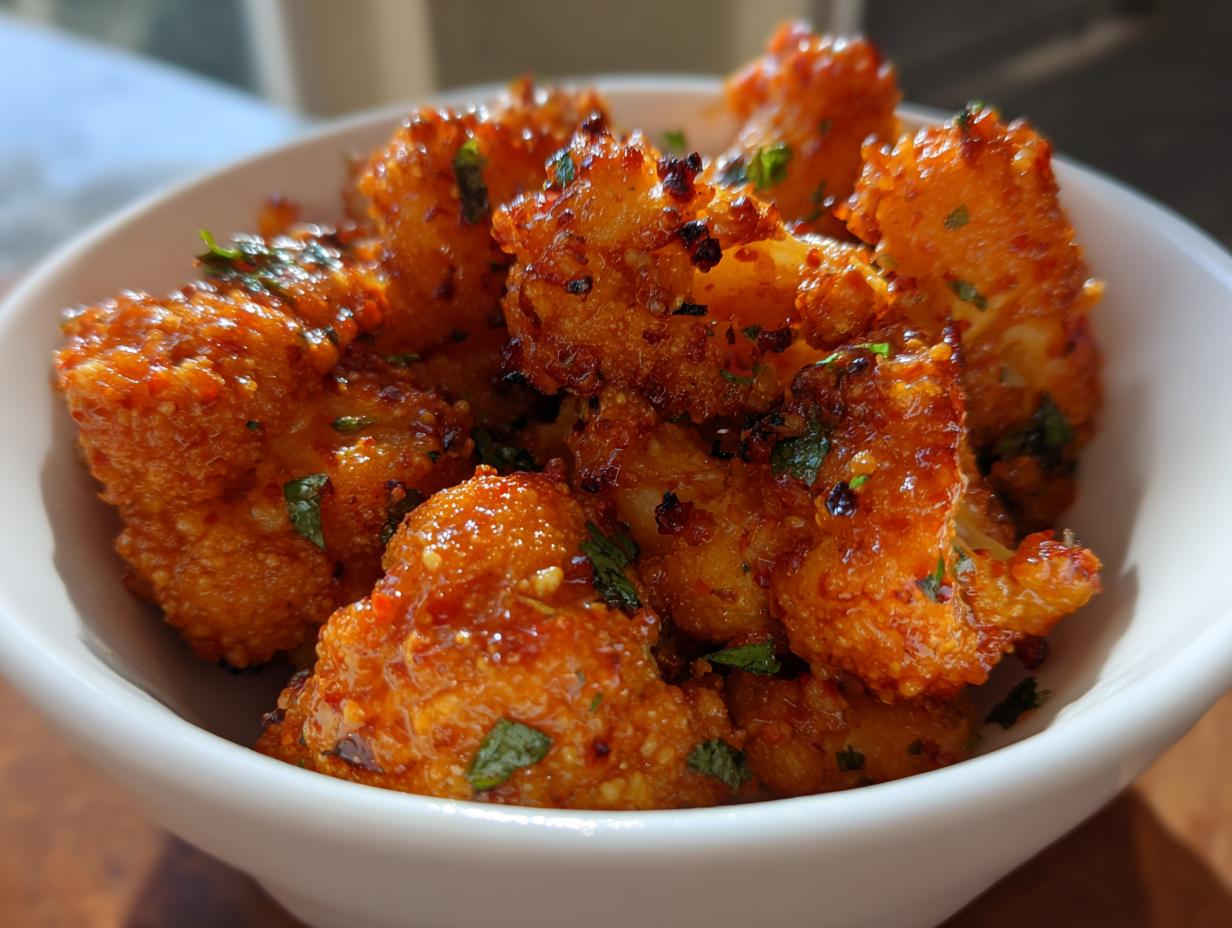 Close-up of crispy air fryer buffalo cauliflower florets in a white bowl, coated in spicy sauce and sprinkled with herbs.